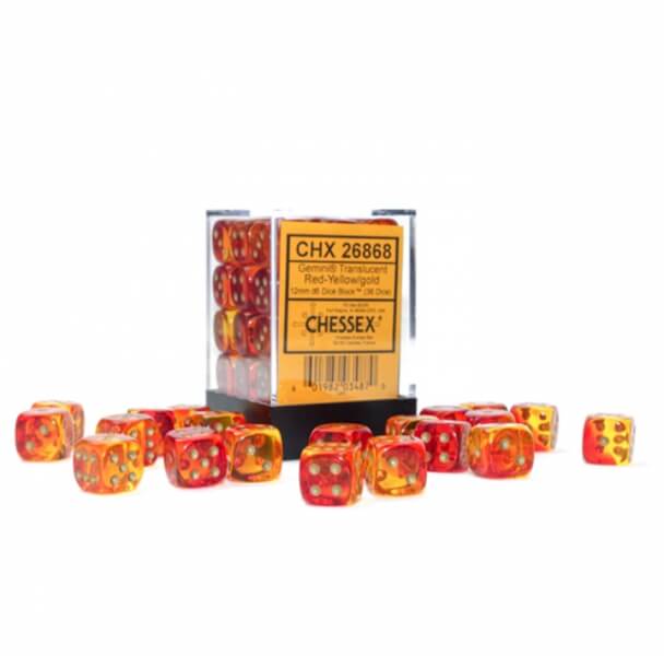 Sada kociek Chessex Gemini 12 mm D6 Transculent Red-Yellow/Gold - 36 ks