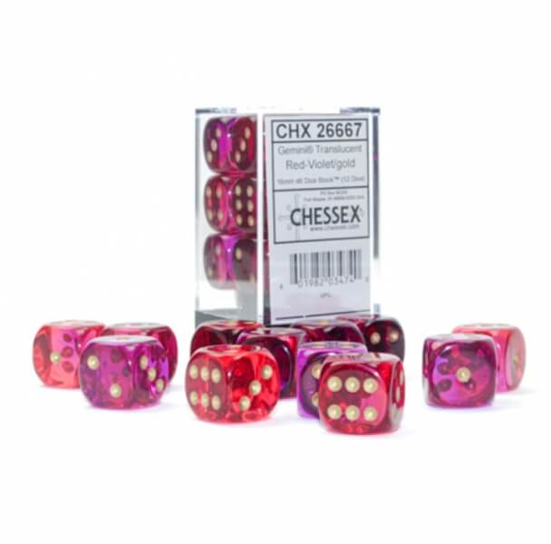Sada kociek Chessex Gemini 16 mm D6 Transculent Red-Violet/Gold - 12 ks