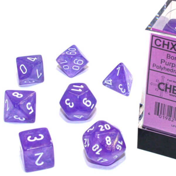 Sada kociek Chessex Borealis Polyhedral Purple/White Luminary 7-Die Set