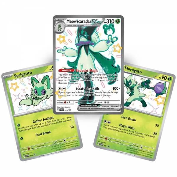 Karty Pokémonov Paldean Fates Meowscarada vývin 3 karty - Sprigatito, Flirigato a Meowscarada ex