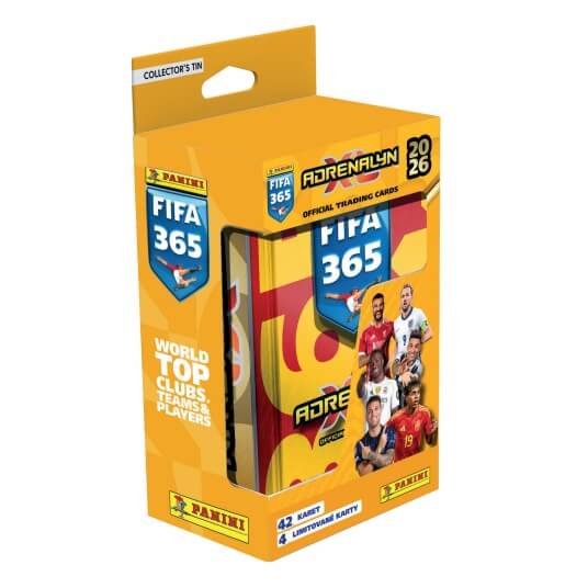 Futbalové karty Panini FIFA 365 2025/2026 Adrenalyn plechová krabička - štvorcová