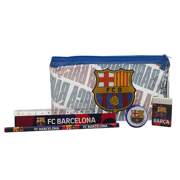 FC Barcelona - školský set s priehľadným peračníkom (ceruzka, pravítko, guma + orezávátko)