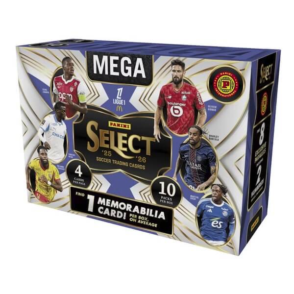 2025-2026 Panini Select Ligue 1 Soccer Hobby International Mega Box - futbalové karty