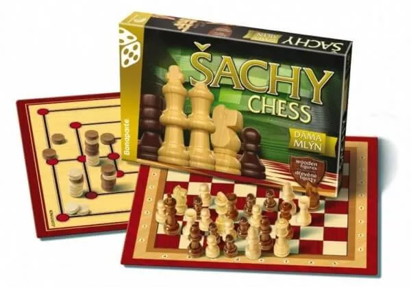 Spoločenské hry v krabici - Šach, dáma, mlyn, drevené figúrky a kamene