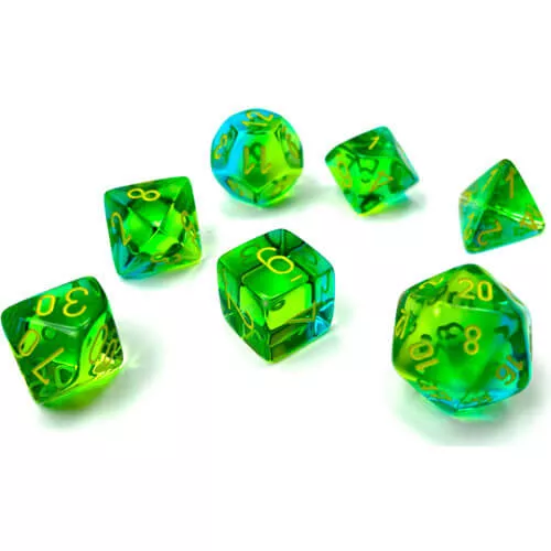 Sada kociek Chessex Gemini Translucent Green-Teal/Yellow Polyhedral 7-Die Set