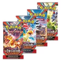 Balení obsahuje 3 boostery edice Pokémon Obsidian Flames (ukázka balíčků Pokémon v edici)